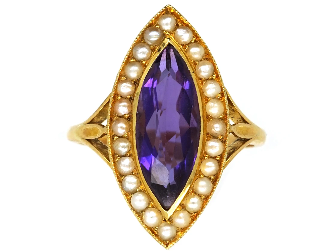 Edwardian 15ct Gold, Amethyst & Natural Split Pearl Marquise Ring By Murrle Bennett 3 Edwardian 15ct Gold, Amethyst & Natural Split Pearl Marquise Ring By Murrle Bennett