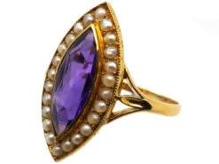 Edwardian 15ct Gold, Amethyst & Natural Split Pearl Marquise Ring By Murrle Bennett 17 Edwardian 15ct Gold, Amethyst & Natural Split Pearl Marquise Ring By Murrle Bennett -Antique Jewellery Company DSC07820