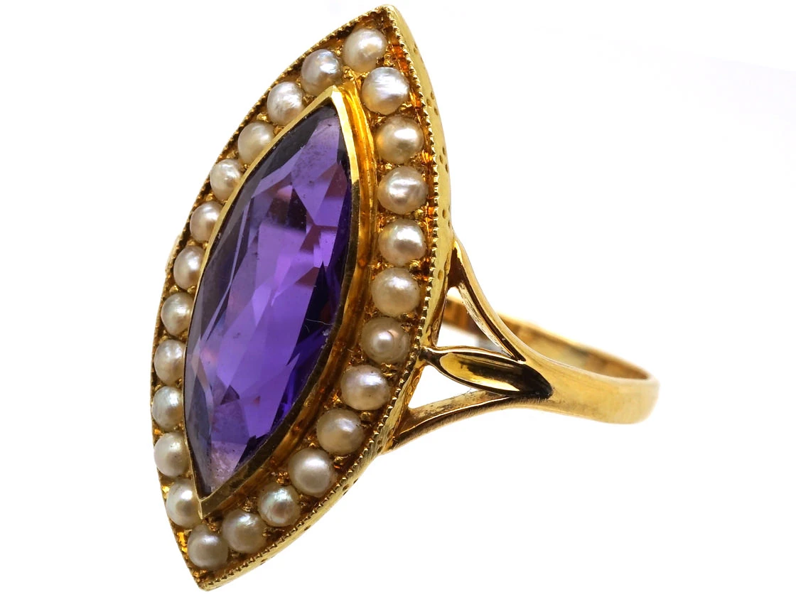 Edwardian 15ct Gold, Amethyst & Natural Split Pearl Marquise Ring By Murrle Bennett 10 Edwardian 15ct Gold, Amethyst & Natural Split Pearl Marquise Ring By Murrle Bennett - Image 8