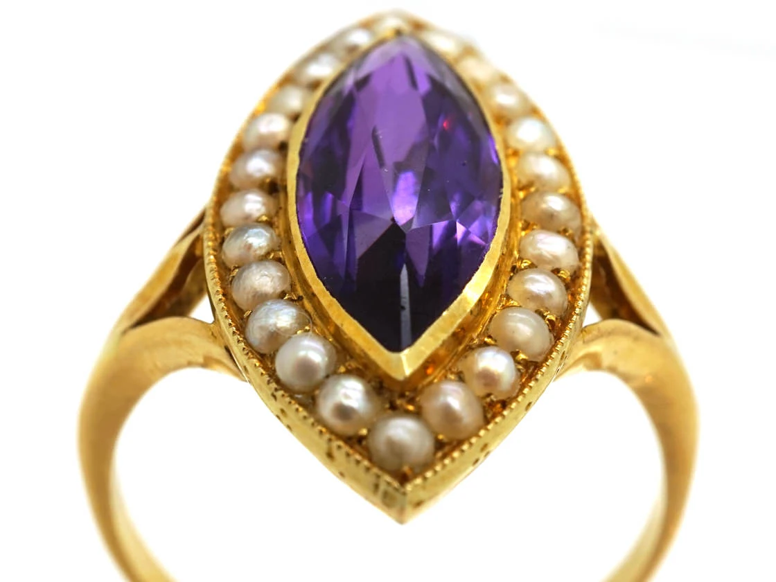 Edwardian 15ct Gold, Amethyst & Natural Split Pearl Marquise Ring By Murrle Bennett 5 Edwardian 15ct Gold, Amethyst & Natural Split Pearl Marquise Ring By Murrle Bennett - Image 3