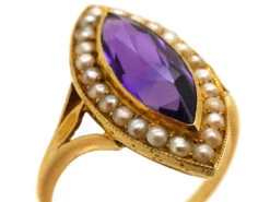 Edwardian 15ct Gold, Amethyst & Natural Split Pearl Marquise Ring By Murrle Bennett 13 Edwardian 15ct Gold, Amethyst & Natural Split Pearl Marquise Ring By Murrle Bennett -Antique Jewellery Company DSC07829