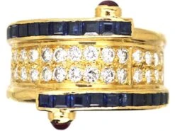 1970s 18ct Gold Ring By Boucheron Set With Sapphires Diamonds & Cabochon Rubies
