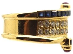 1970s 18ct Gold Ring By Boucheron Set With Sapphires Diamonds & Cabochon Rubies -Antique Jewellery Company DSC07863