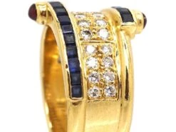 1970s 18ct Gold Ring By Boucheron Set With Sapphires Diamonds & Cabochon Rubies -Antique Jewellery Company DSC07881