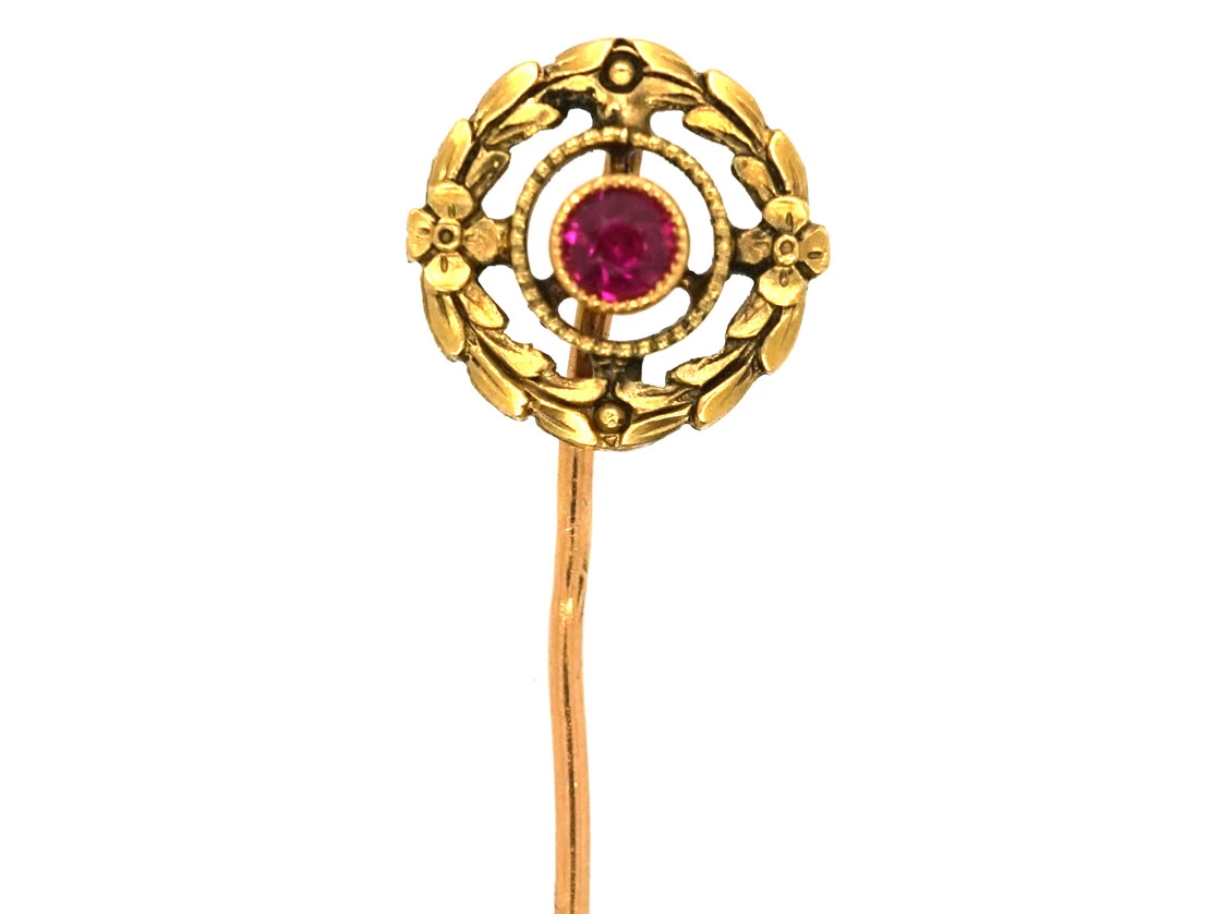 French Belle Epoque 18ct Gold & Ruby Wreath Tie Pin 3 French Belle Epoque 18ct Gold & Ruby Wreath Tie Pin