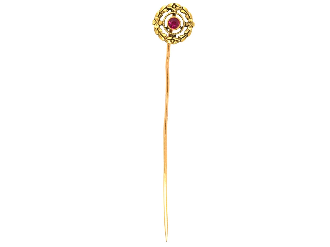 French Belle Epoque 18ct Gold & Ruby Wreath Tie Pin 7 French Belle Epoque 18ct Gold & Ruby Wreath Tie Pin - Image 5