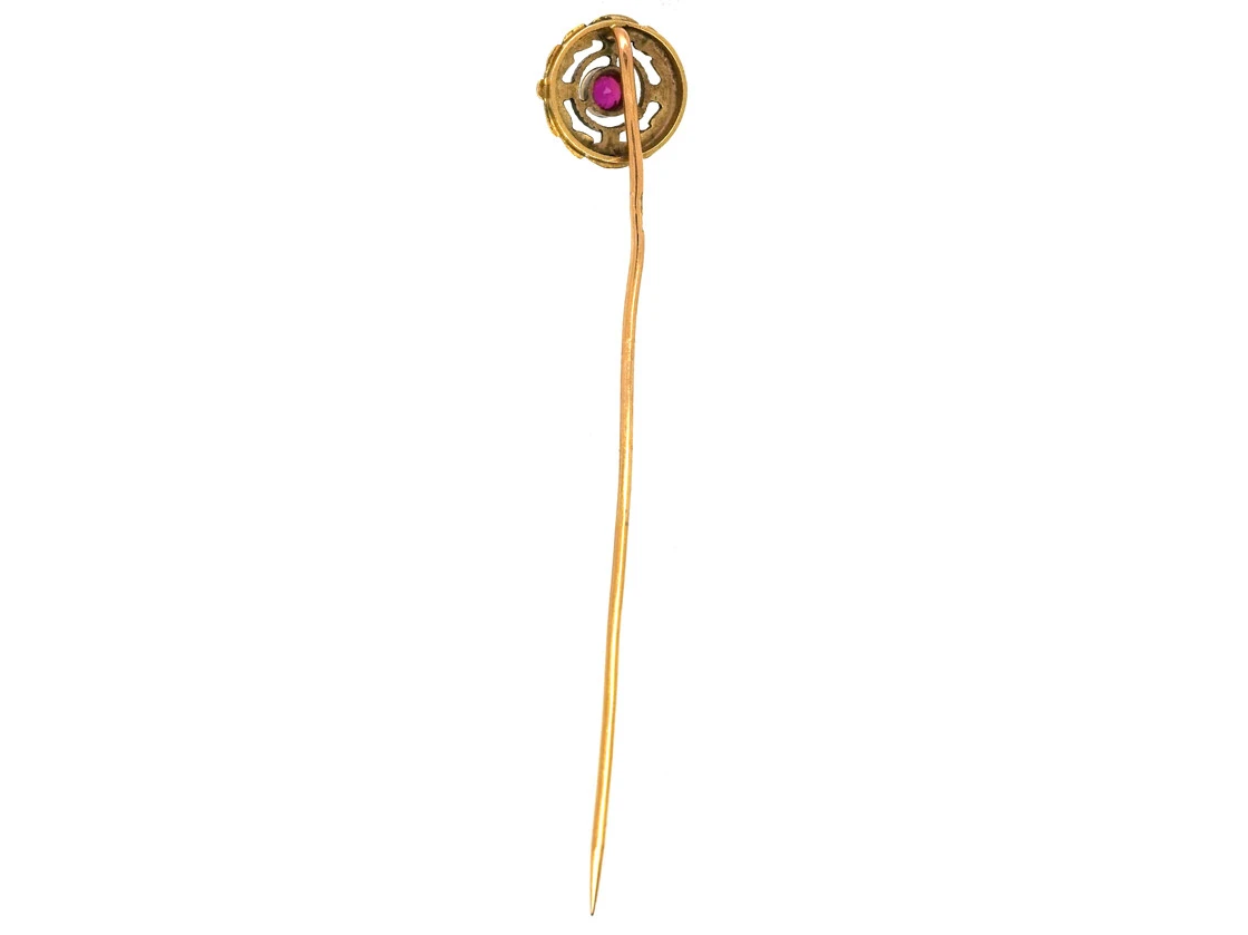 French Belle Epoque 18ct Gold & Ruby Wreath Tie Pin 4 French Belle Epoque 18ct Gold & Ruby Wreath Tie Pin - Image 2
