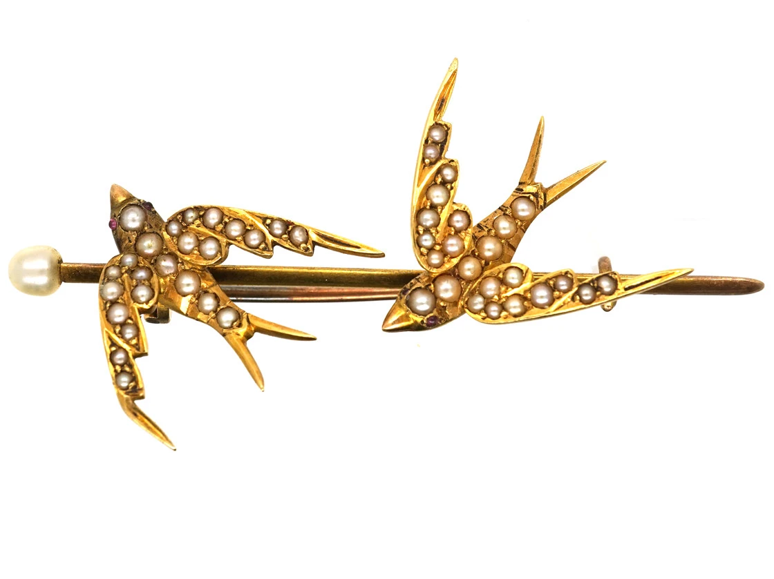 Edwardian 15ct Gold Brooch Of Two Swallows Set With Natural Split Pearls 3 Edwardian 15ct Gold Brooch Of Two Swallows Set With Natural Split Pearls