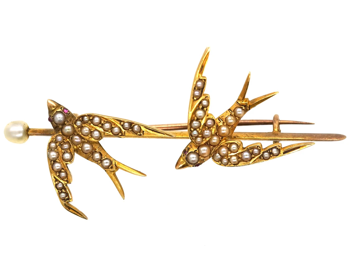 Edwardian 15ct Gold Brooch Of Two Swallows Set With Natural Split Pearls 4 Edwardian 15ct Gold Brooch Of Two Swallows Set With Natural Split Pearls - Image 2