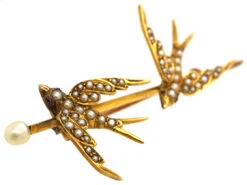 Edwardian 15ct Gold Brooch Of Two Swallows Set With Natural Split Pearls 9 Edwardian 15ct Gold Brooch Of Two Swallows Set With Natural Split Pearls -Antique Jewellery Company DSC07922