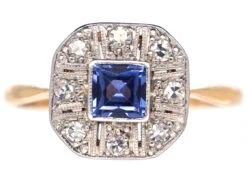 Art Deco 18ct Gold & Platinum, Diamond & Montana Sapphire Octagonal Ring