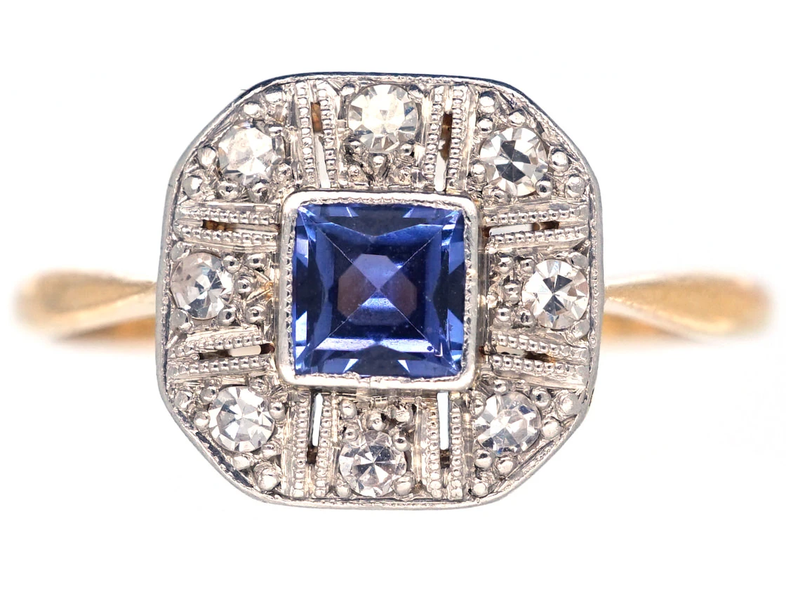 Art Deco 18ct Gold & Platinum, Diamond & Montana Sapphire Octagonal Ring 3 Art Deco 18ct Gold & Platinum, Diamond & Montana Sapphire Octagonal Ring