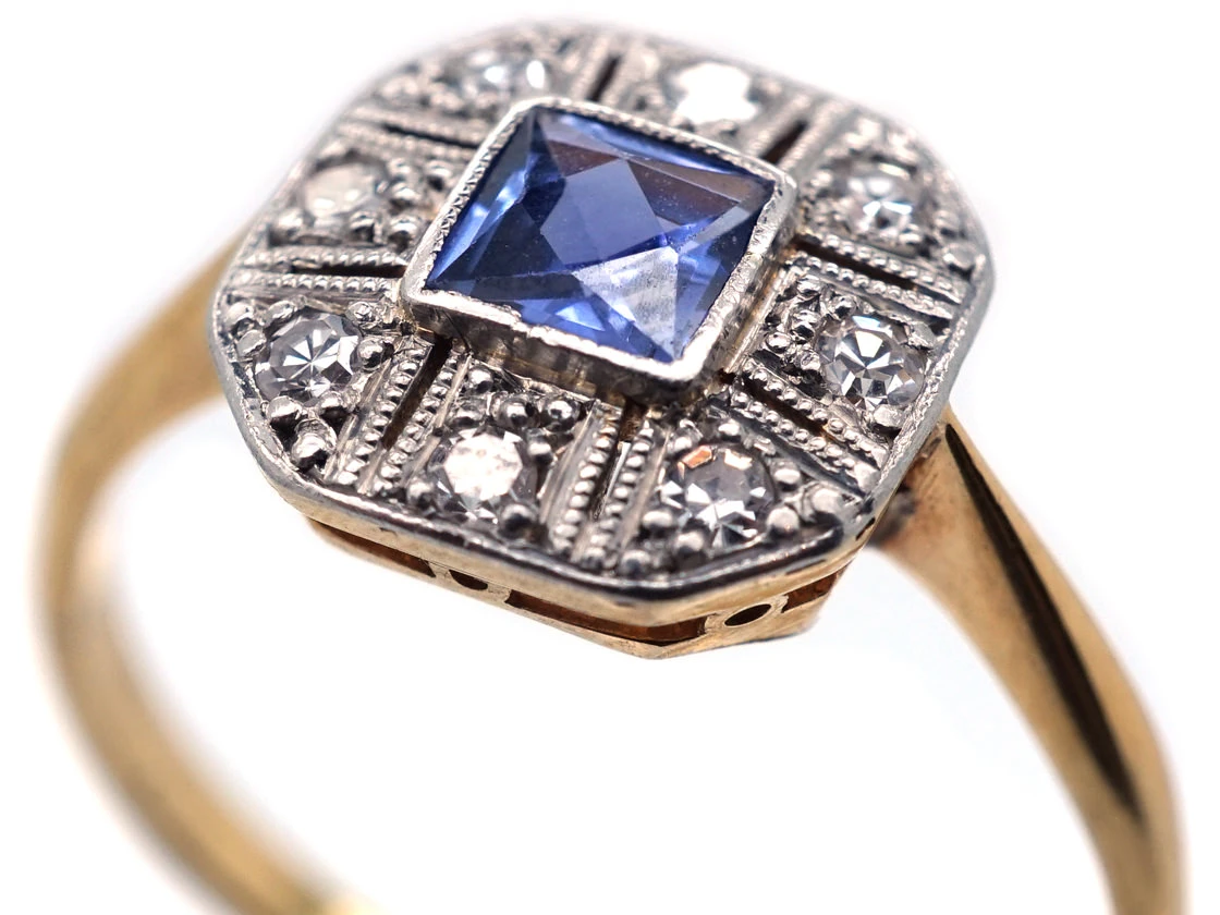 Art Deco 18ct Gold & Platinum, Diamond & Montana Sapphire Octagonal Ring 4 Art Deco 18ct Gold & Platinum, Diamond & Montana Sapphire Octagonal Ring - Image 2