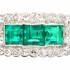 Early 20th Century Platinum, Three Stone Emerald & Diamond Rectangular Ring
