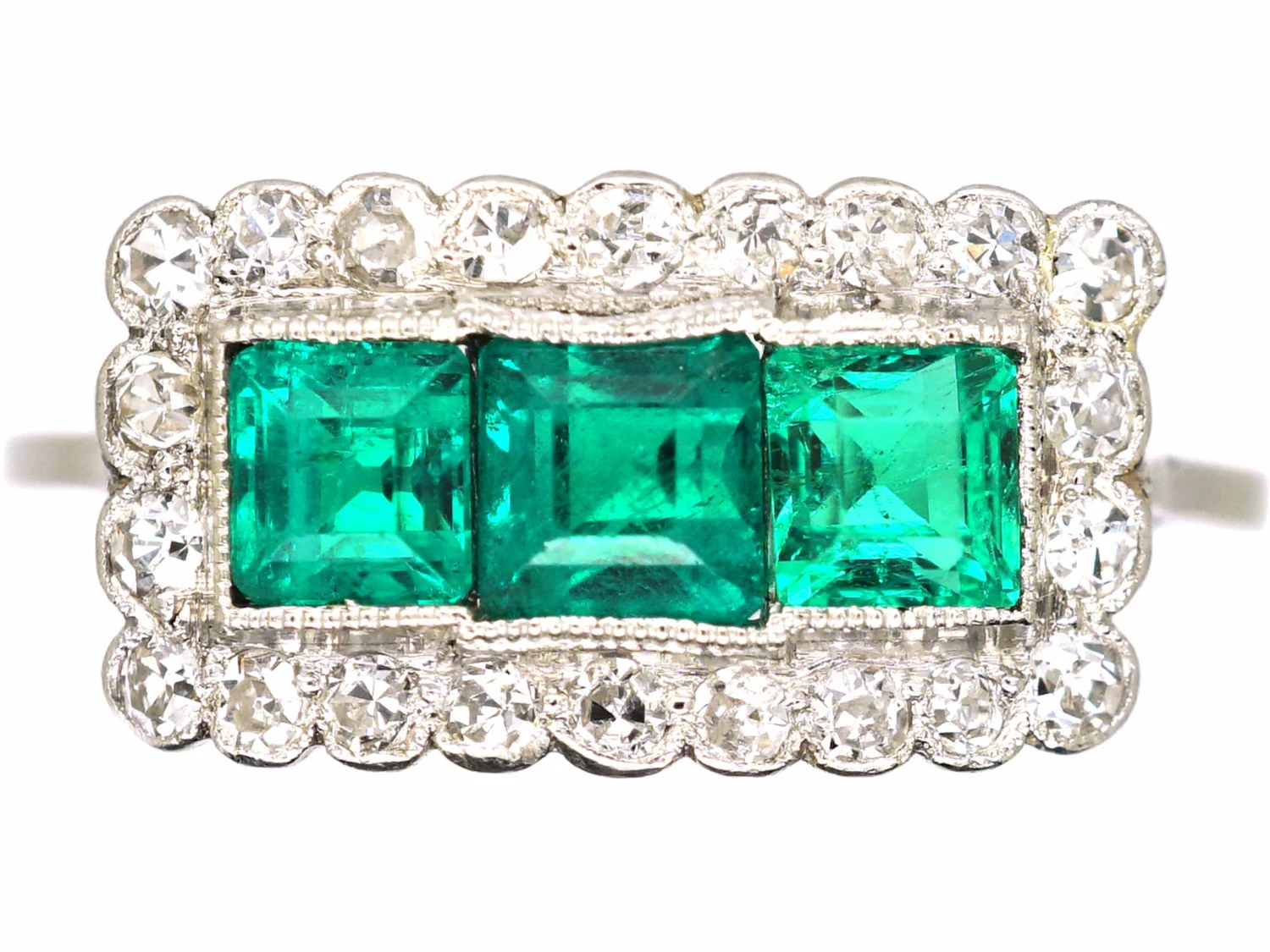Early 20th Century Platinum, Three Stone Emerald & Diamond Rectangular Ring 3 Early 20th Century Platinum, Three Stone Emerald & Diamond Rectangular Ring