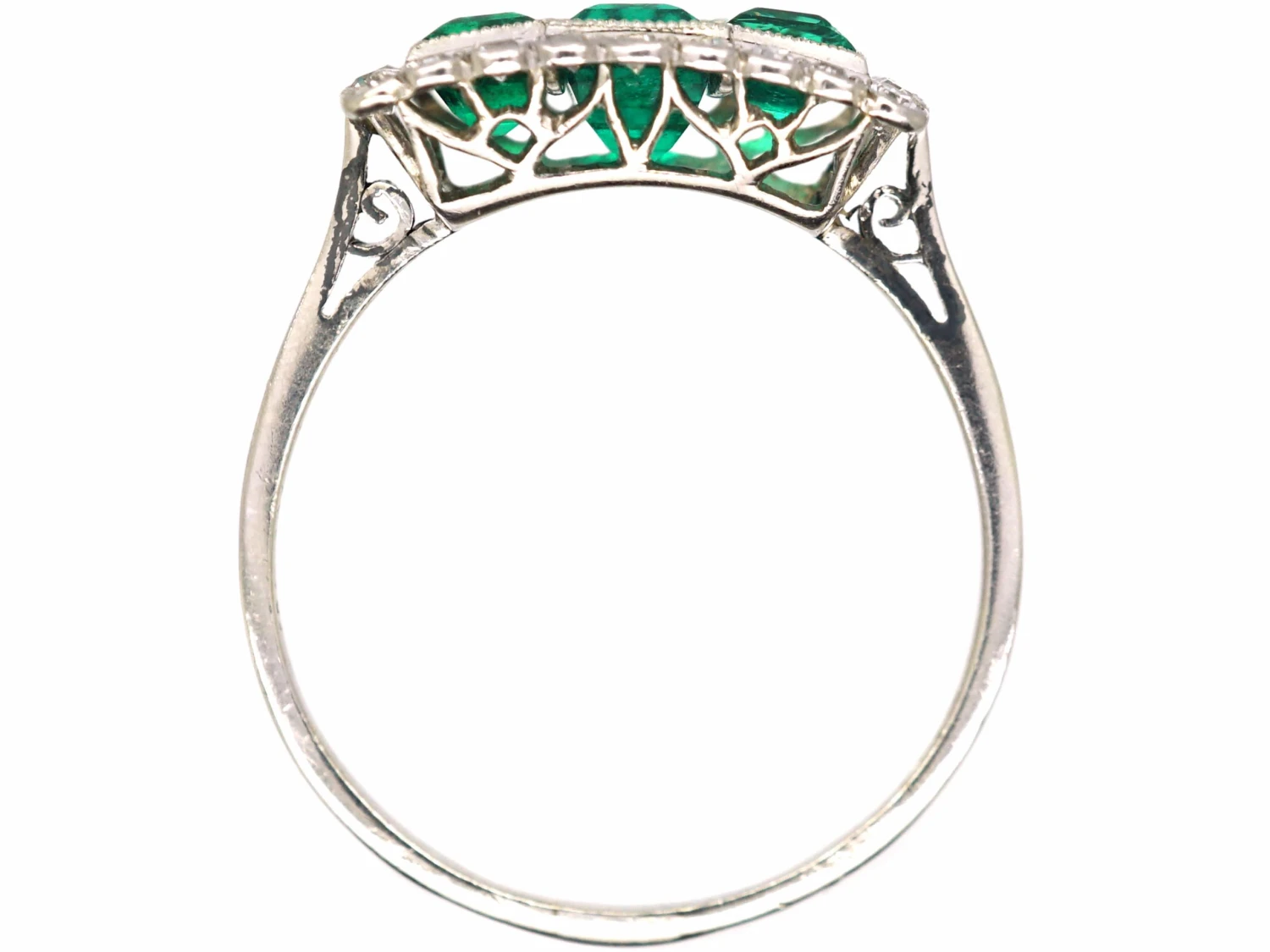 Early 20th Century Platinum, Three Stone Emerald & Diamond Rectangular Ring 5 Early 20th Century Platinum, Three Stone Emerald & Diamond Rectangular Ring - Image 3