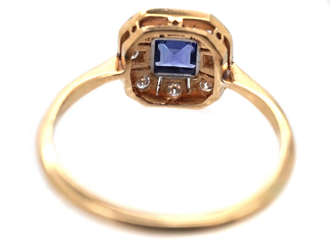 Art Deco 18ct Gold & Platinum, Diamond & Montana Sapphire Octagonal Ring 6 Art Deco 18ct Gold & Platinum, Diamond & Montana Sapphire Octagonal Ring - Image 4