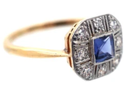Art Deco 18ct Gold & Platinum, Diamond & Montana Sapphire Octagonal Ring 17 Art Deco 18ct Gold & Platinum, Diamond & Montana Sapphire Octagonal Ring -Antique Jewellery Company DSC07949