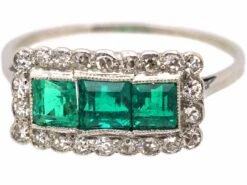 Early 20th Century Platinum, Three Stone Emerald & Diamond Rectangular Ring 13 Early 20th Century Platinum, Three Stone Emerald & Diamond Rectangular Ring -Antique Jewellery Company DSC07952 scaled 1