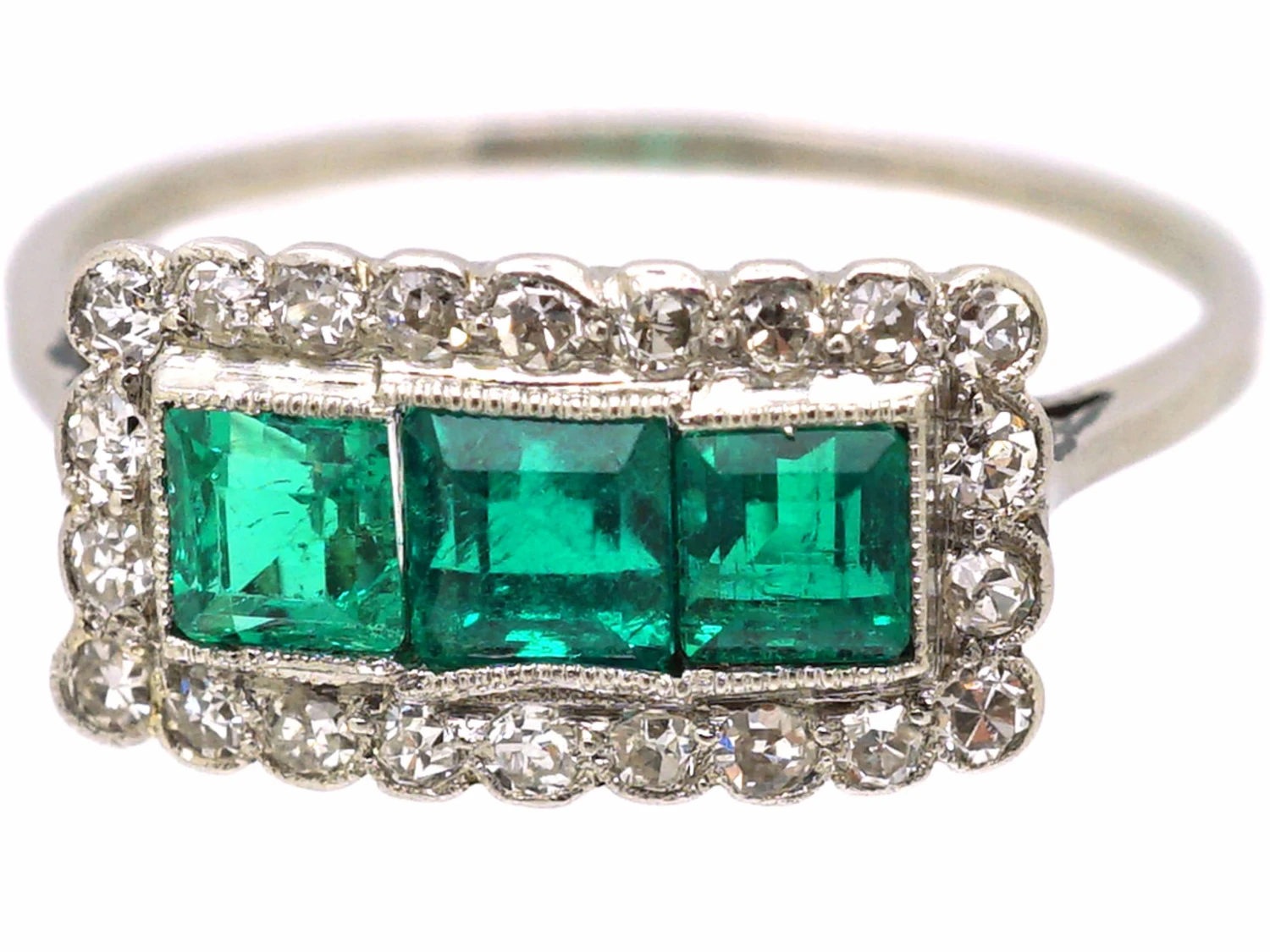 Early 20th Century Platinum, Three Stone Emerald & Diamond Rectangular Ring 8 Early 20th Century Platinum, Three Stone Emerald & Diamond Rectangular Ring - Image 6