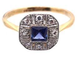 Art Deco 18ct Gold & Platinum, Diamond & Montana Sapphire Octagonal Ring 12 Art Deco 18ct Gold & Platinum, Diamond & Montana Sapphire Octagonal Ring -Antique Jewellery Company DSC07953
