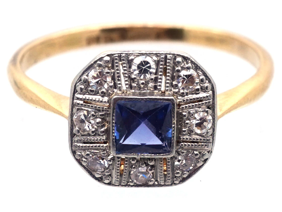 Art Deco 18ct Gold & Platinum, Diamond & Montana Sapphire Octagonal Ring 5 Art Deco 18ct Gold & Platinum, Diamond & Montana Sapphire Octagonal Ring - Image 3
