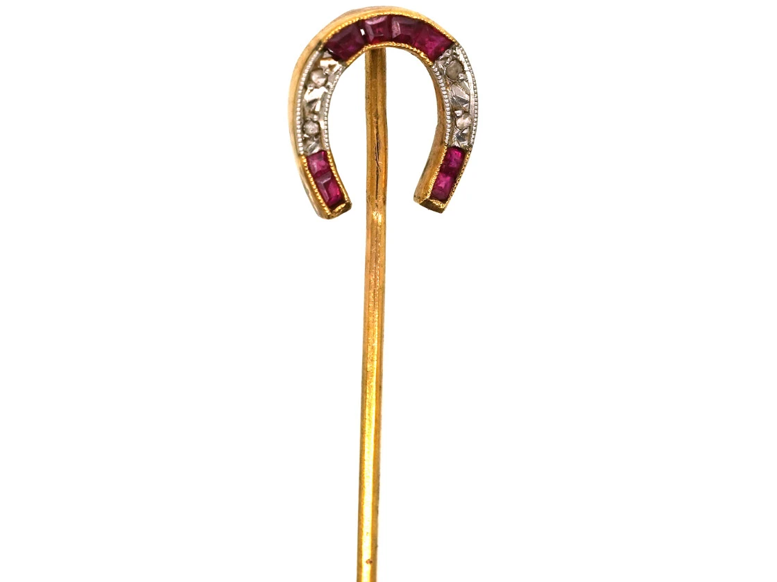 Edwardian 15ct Gold Ruby & Rose Diamond Horse Shoe Tie Pin 3 Edwardian 15ct Gold Ruby & Rose Diamond Horse Shoe Tie Pin