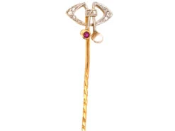 Art Deco Platinum & 18ct Gold, Rose Diamond Natural Pearl & Ruby Tie Pin