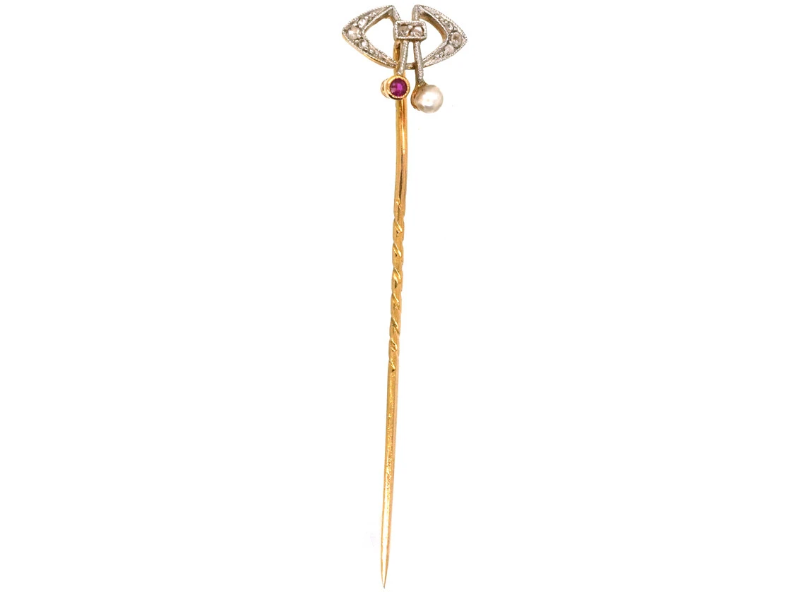 Art Deco Platinum & 18ct Gold, Rose Diamond Natural Pearl & Ruby Tie Pin 4 Art Deco Platinum & 18ct Gold, Rose Diamond Natural Pearl & Ruby Tie Pin - Image 2