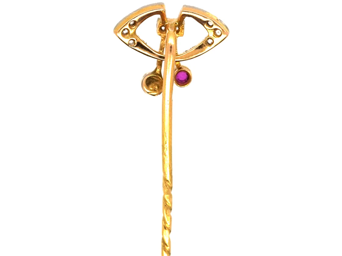 Art Deco Platinum & 18ct Gold, Rose Diamond Natural Pearl & Ruby Tie Pin 8 Art Deco Platinum & 18ct Gold, Rose Diamond Natural Pearl & Ruby Tie Pin - Image 6
