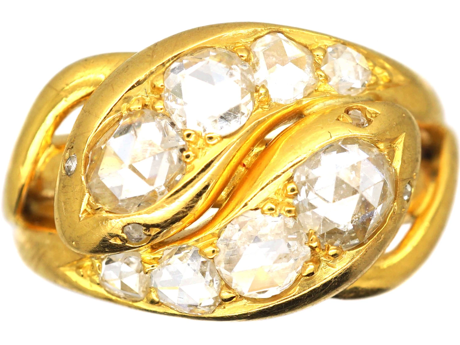 French Import 19th Century 18ct Gold Double Snake Ring Set With Rose Diamonds 3 French Import 19th Century 18ct Gold Double Snake Ring Set With Rose Diamonds