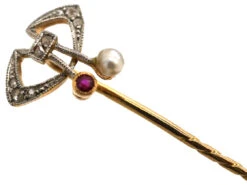 Art Deco Platinum & 18ct Gold, Rose Diamond Natural Pearl & Ruby Tie Pin 11 Art Deco Platinum & 18ct Gold, Rose Diamond Natural Pearl & Ruby Tie Pin -Antique Jewellery Company DSC08066