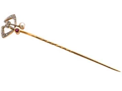 Art Deco Platinum & 18ct Gold, Rose Diamond Natural Pearl & Ruby Tie Pin 12 Art Deco Platinum & 18ct Gold, Rose Diamond Natural Pearl & Ruby Tie Pin -Antique Jewellery Company DSC08068