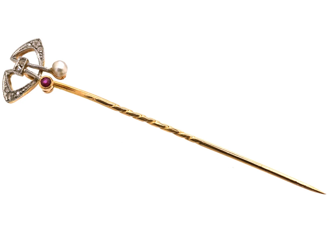 Art Deco Platinum & 18ct Gold, Rose Diamond Natural Pearl & Ruby Tie Pin 7 Art Deco Platinum & 18ct Gold, Rose Diamond Natural Pearl & Ruby Tie Pin - Image 5