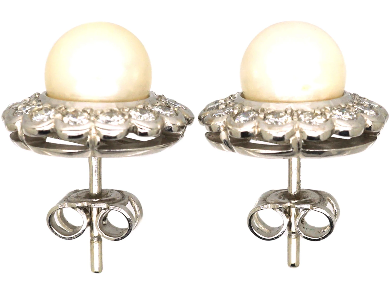 Mid 20th Century 18ct White Gold, Cultured Pearl & Diamond Cluster Earrings 4 Mid 20th Century 18ct White Gold, Cultured Pearl & Diamond Cluster Earrings - Image 2