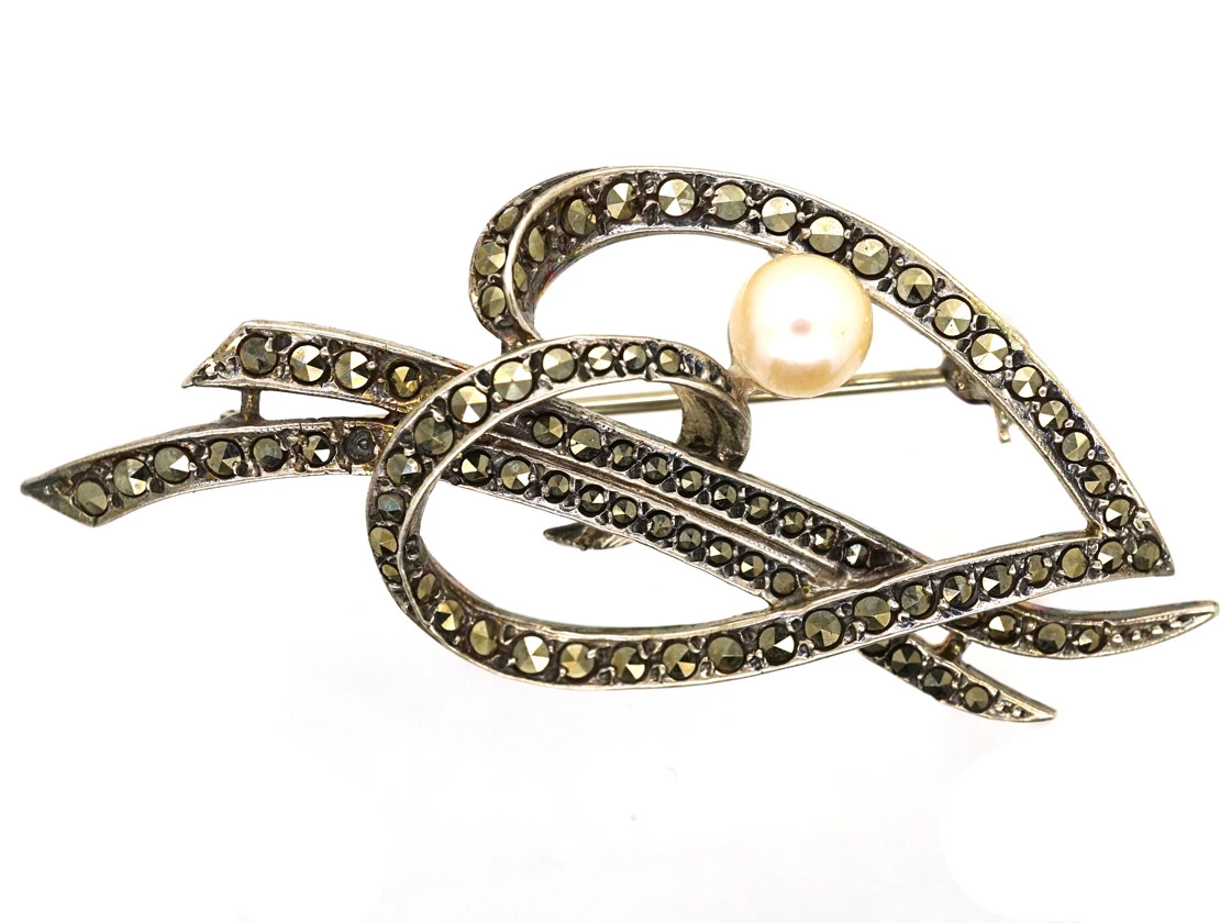 Silver, Marcasite & Pearl Woven Heart Brooch 3 Silver, Marcasite & Pearl Woven Heart Brooch