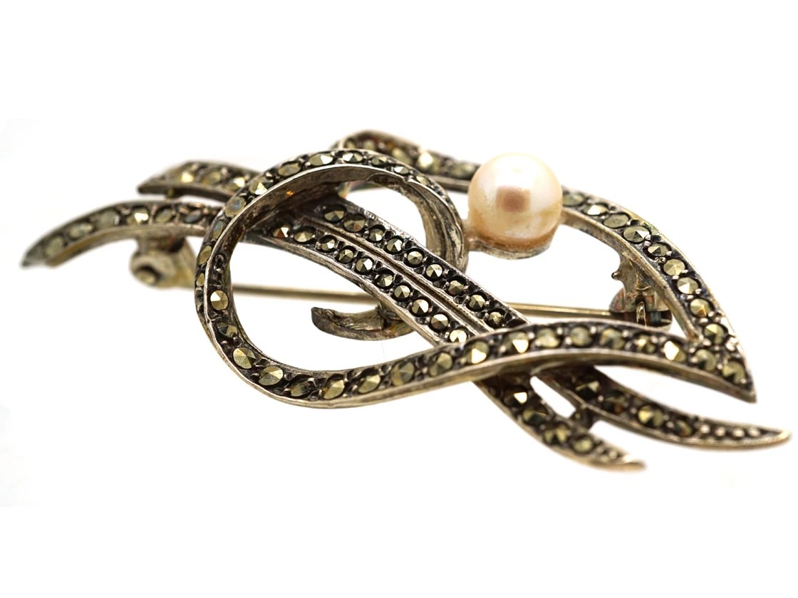 Silver, Marcasite & Pearl Woven Heart Brooch 4 Silver, Marcasite & Pearl Woven Heart Brooch - Image 2