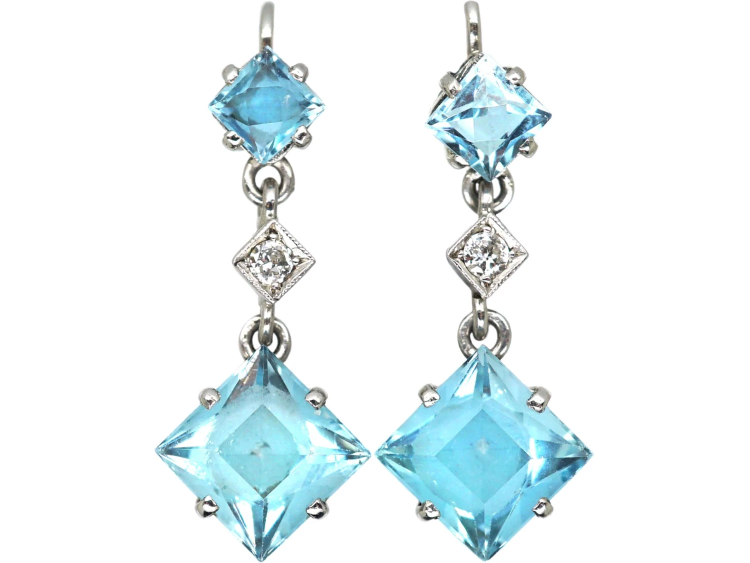 Art Deco 18ct White Gold Drop Earrings Set With Aquamarines & Diamonds 3 Art Deco 18ct White Gold Drop Earrings Set With Aquamarines & Diamonds
