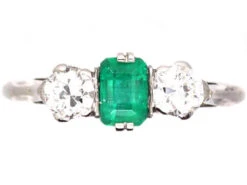 Art Deco 18ct White Gold & Platinum, Emerald And Diamond Three Stone Ring