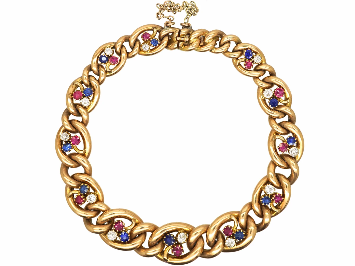 Edwardian 15ct Gold Curb Bracelet With Three Leaf Clover Motifs Set With Sapphires, Rubies & Diamonds 3 Edwardian 15ct Gold Curb Bracelet With Three Leaf Clover Motifs Set With Sapphires, Rubies & Diamonds