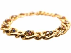 Edwardian 15ct Gold Curb Bracelet With Three Leaf Clover Motifs Set With Sapphires, Rubies & Diamonds 6 Edwardian 15ct Gold Curb Bracelet With Three Leaf Clover Motifs Set With Sapphires, Rubies & Diamonds -Antique Jewellery Company DSC08292 scaled 1