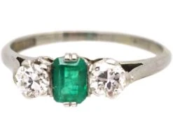 Art Deco 18ct White Gold & Platinum, Emerald And Diamond Three Stone Ring -Antique Jewellery Company DSC08313