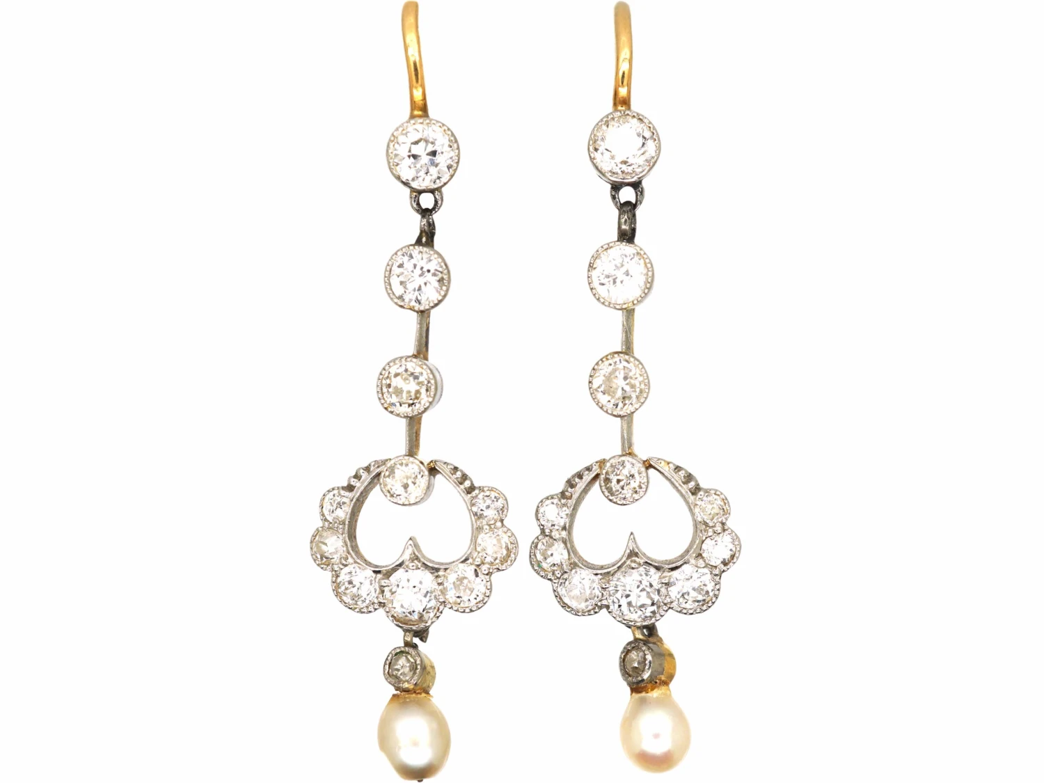 Edwardian Platinum & 15ct Gold Drop Earrings Set With Diamonds & Natural Pearls 3 Edwardian Platinum & 15ct Gold Drop Earrings Set With Diamonds & Natural Pearls
