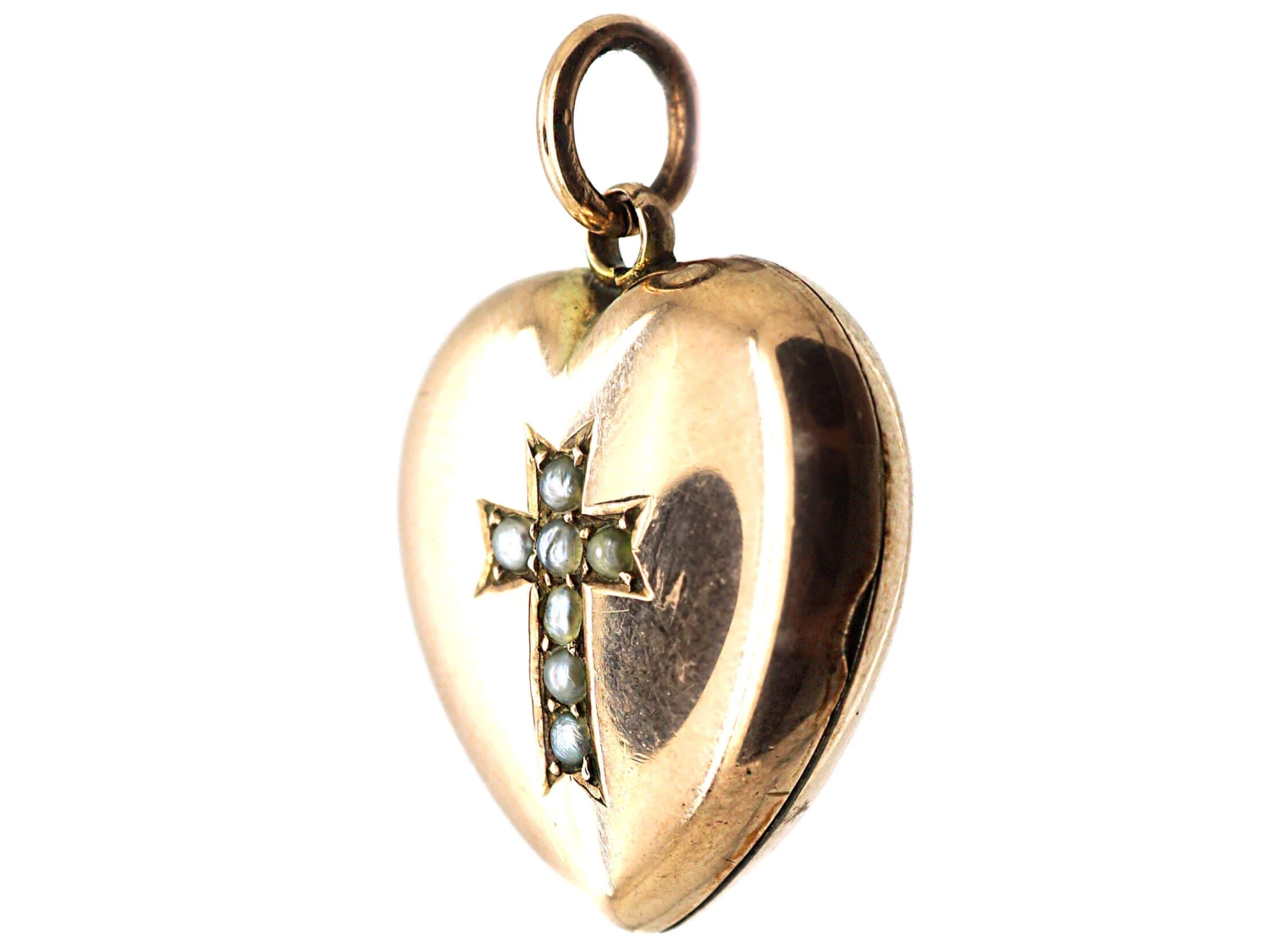 Edwardian 9ct Gold Back & Front Heart Shaped Locket With Cross Set With Natural Split Pearls 5 Edwardian 9ct Gold Back & Front Heart Shaped Locket With Cross Set With Natural Split Pearls - Image 3
