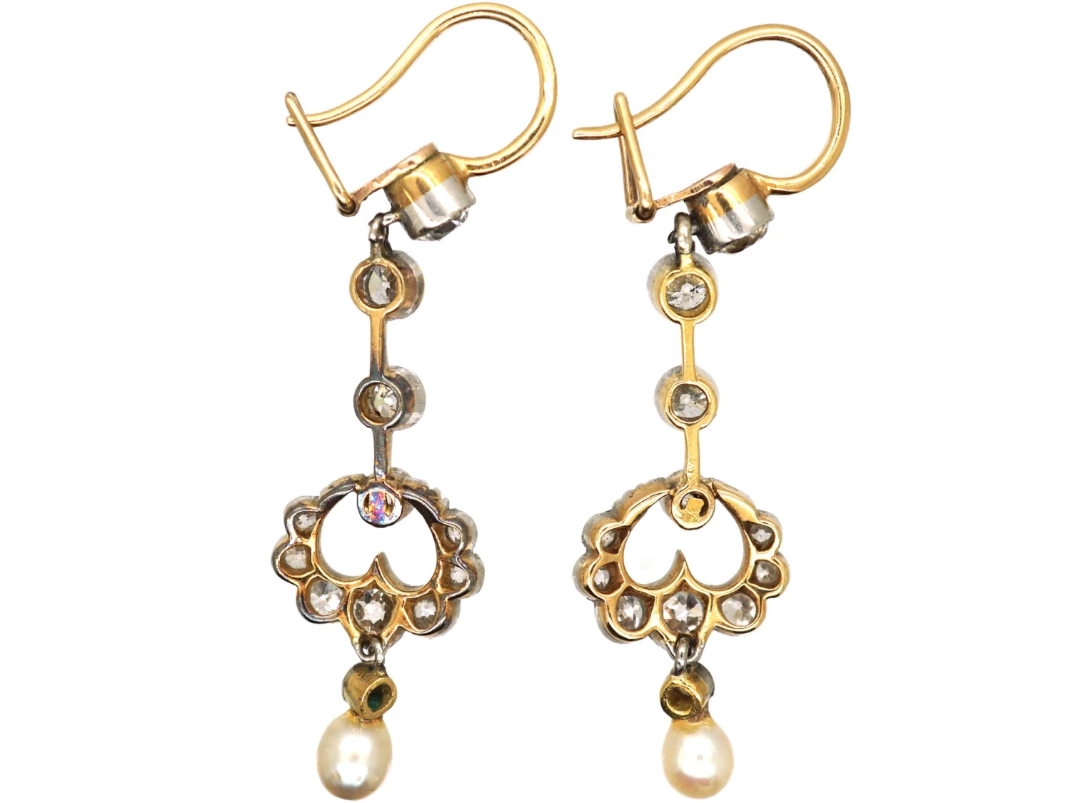 Edwardian Platinum & 15ct Gold Drop Earrings Set With Diamonds & Natural Pearls 4 Edwardian Platinum & 15ct Gold Drop Earrings Set With Diamonds & Natural Pearls - Image 2