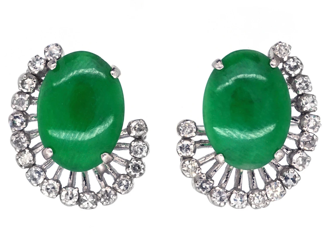 18ct White Gold Jadeite & Diamond Earrings 3 18ct White Gold Jadeite & Diamond Earrings