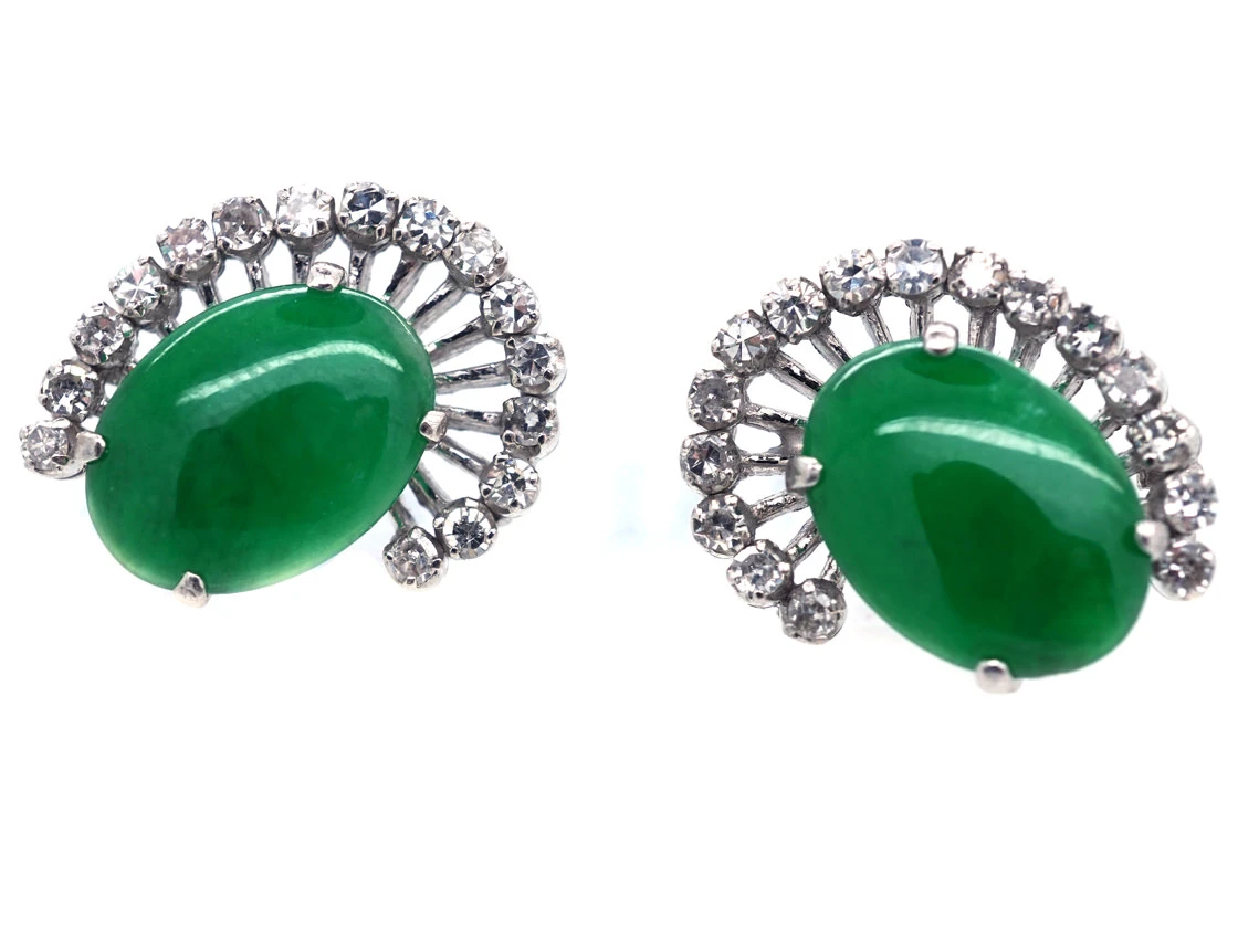 18ct White Gold Jadeite & Diamond Earrings 4 18ct White Gold Jadeite & Diamond Earrings - Image 2