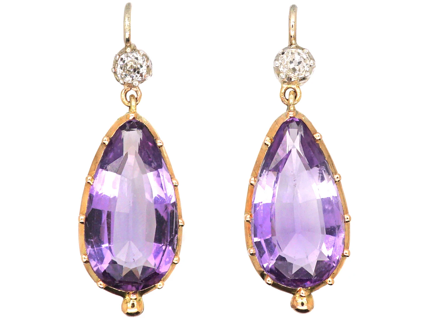 Early 19th Century 15ct Gold & Silver Pear Shaped Amethyst & Diamond Drop Earrings 3 Early 19th Century 15ct Gold & Silver Pear Shaped Amethyst & Diamond Drop Earrings