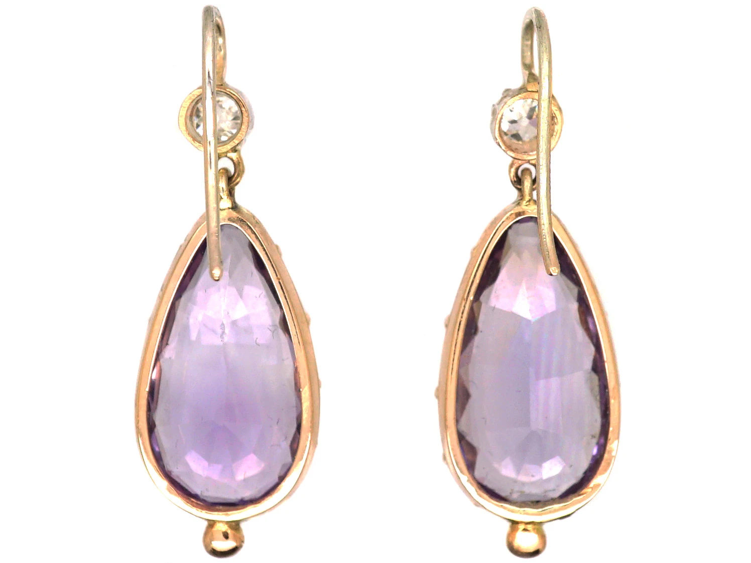 Early 19th Century 15ct Gold & Silver Pear Shaped Amethyst & Diamond Drop Earrings 4 Early 19th Century 15ct Gold & Silver Pear Shaped Amethyst & Diamond Drop Earrings - Image 2