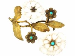 Georgian Two Colour 15ct Gold, White Coral & Turquoise Botanical Brooch
